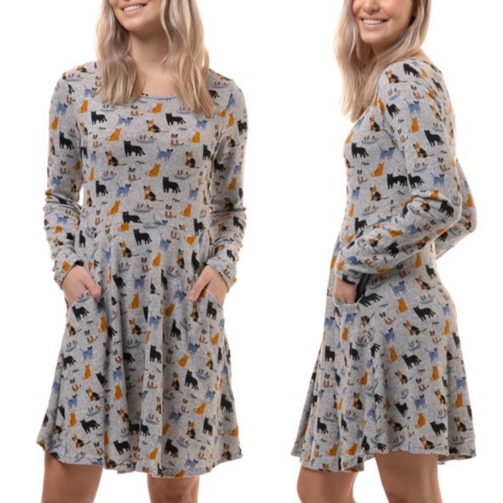 Cat Print Long Sleeves Tunic Sweater Dress